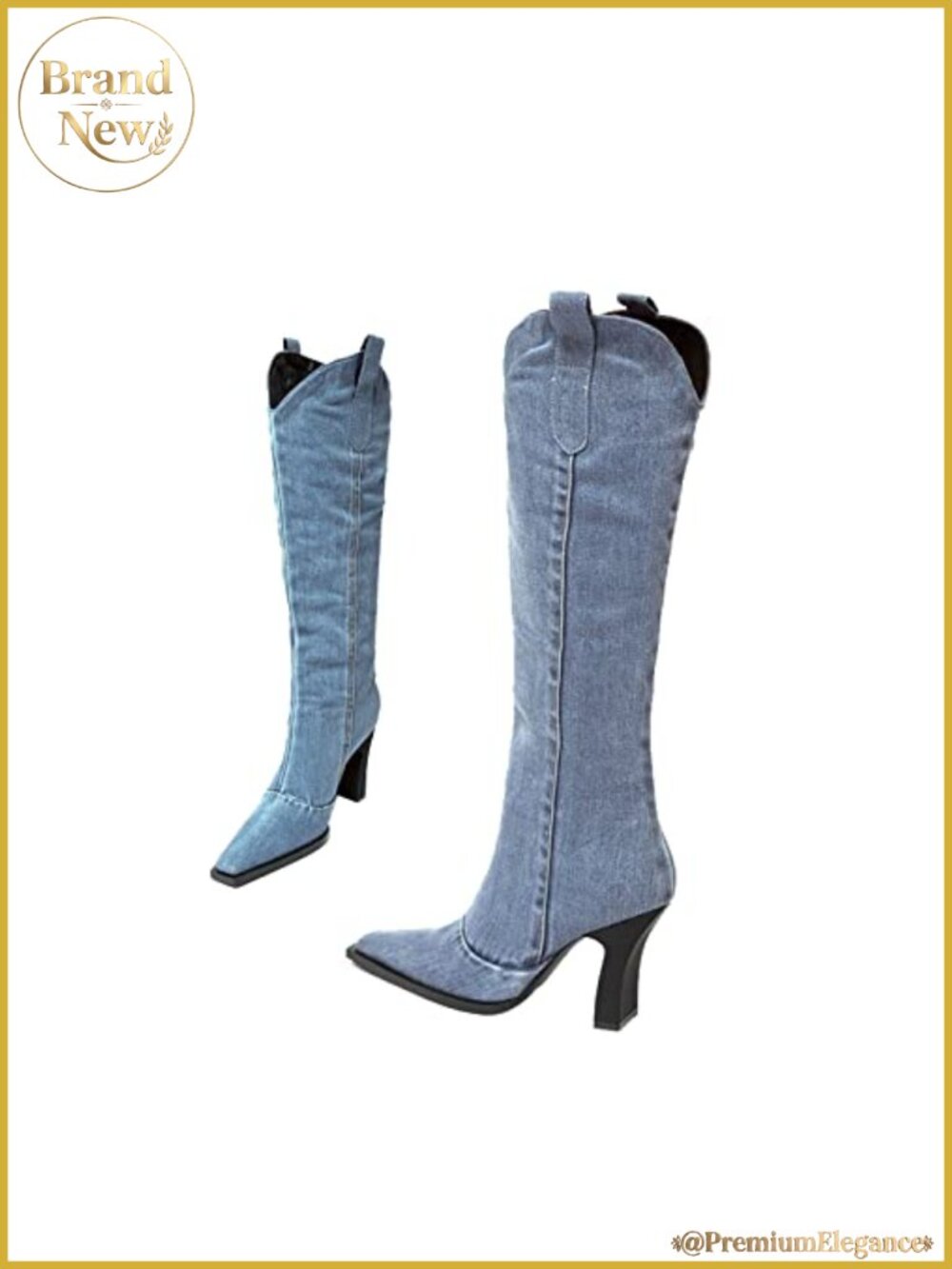 Denim Cowboy Boots Knee High Pull On Tabs Block Heel Embroidered